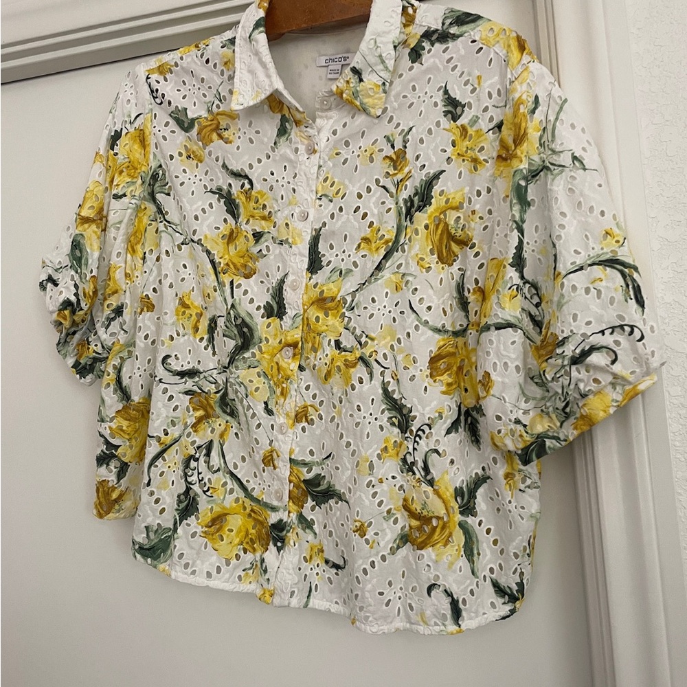 Chico's White and Yellow Lily Floral Eyelet Blouse